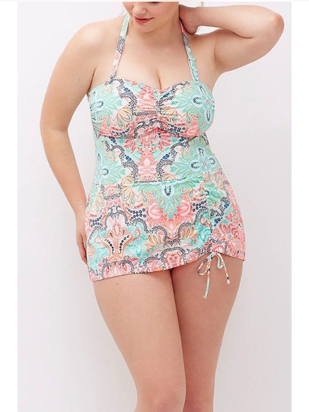 NWT! Lane Bryant Plus-Size Halter One-Piece Swim Dress in Coral & Mint Floral 20